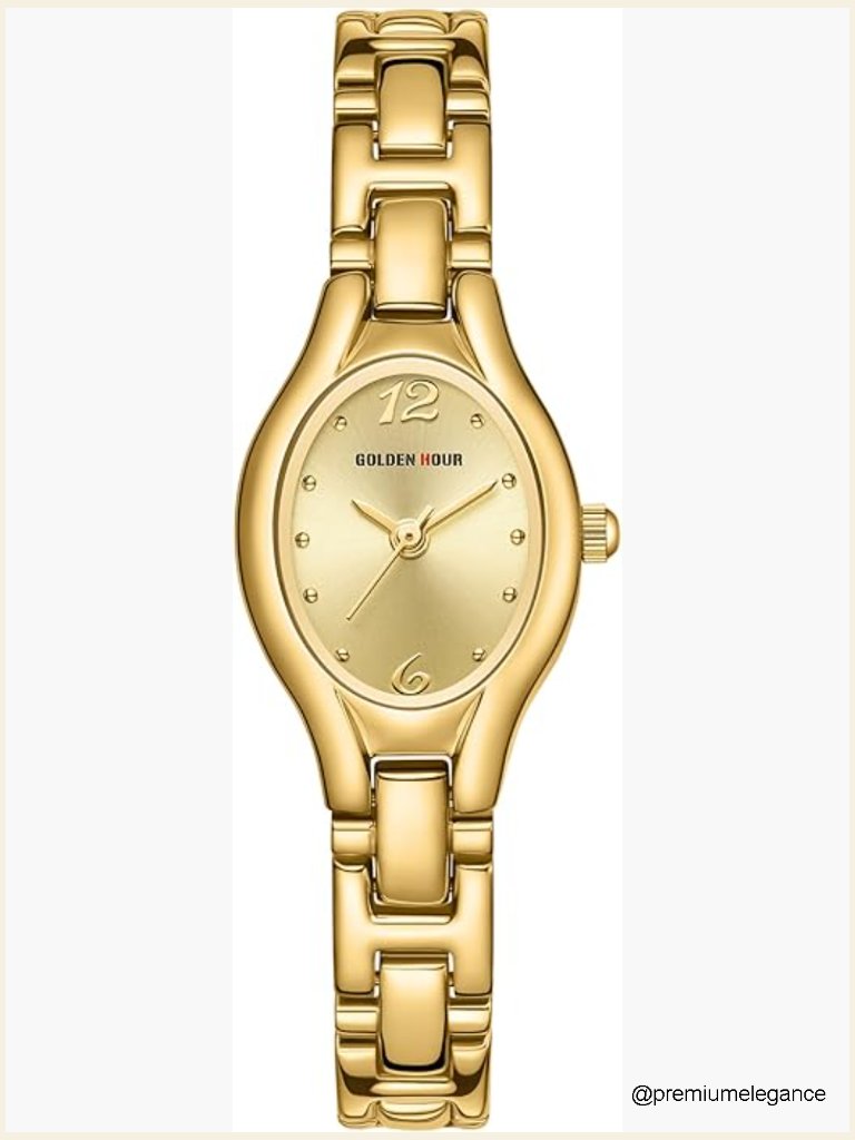 Vintage Oval Case Bracelet Watch - Gold Dial, Adjustable Link Band, 7.5"